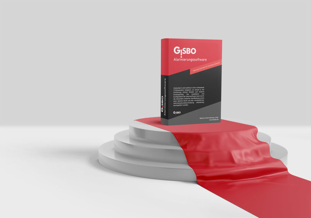 Produktverpackung der Alarmierungssoftware GisboAlarm auf einem Podest mit rotem Tuch
