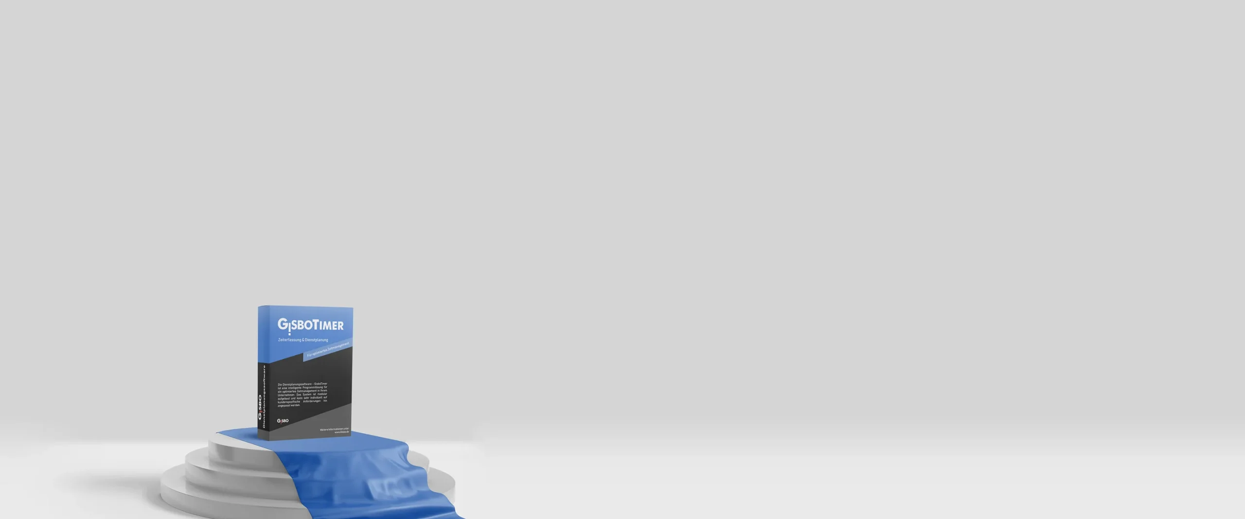 Softwarebox der Dienstplanungssoftware GisboTimer auf einem Podest mit blauem Tuch